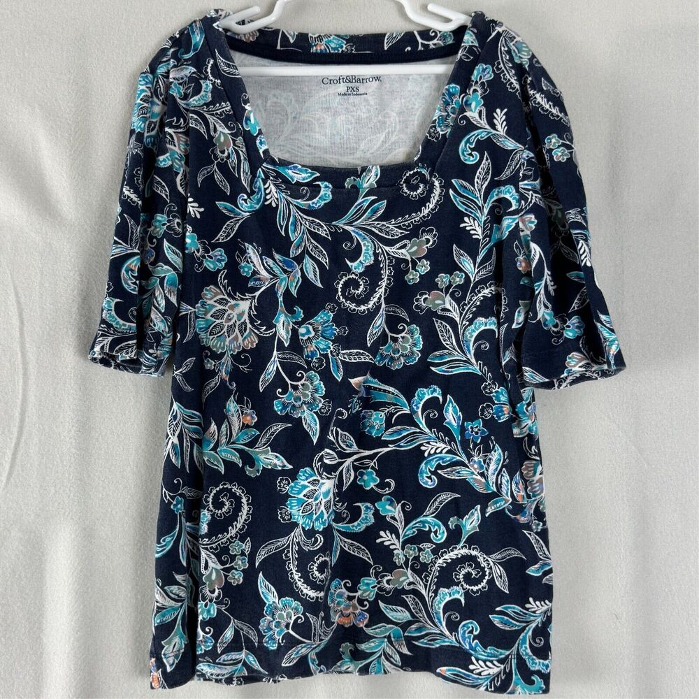Croft & Barrow Petites Size PXS Paisley Square Neck Top Navy Short Sleeve Shirt